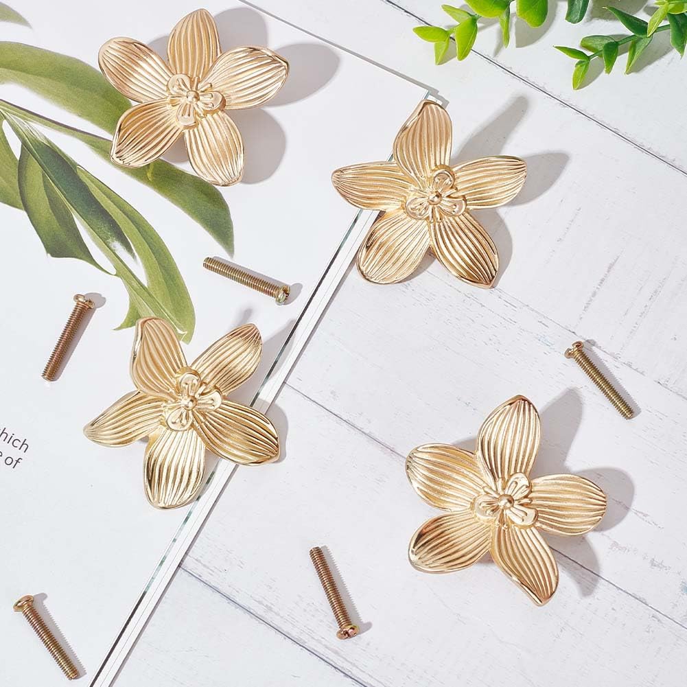 GORGECRAFT 4PCS Gold Flower Drawer Knobs Zinc Alloy Creative Petal Kitchen Cabinet Handle Dresser Knobs Furniture Cupboard Drawer Pulls Handles with Iron Screw for Bedroom Living Cabinet Hardware