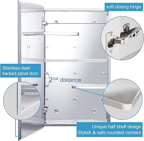 Miniatura 5 de Fundin Armario de pared de baño con estantes de corte medio, gabinete de almacenamiento de acero inoxidable de 14.8 x 25.6, botiquín de bañosala de