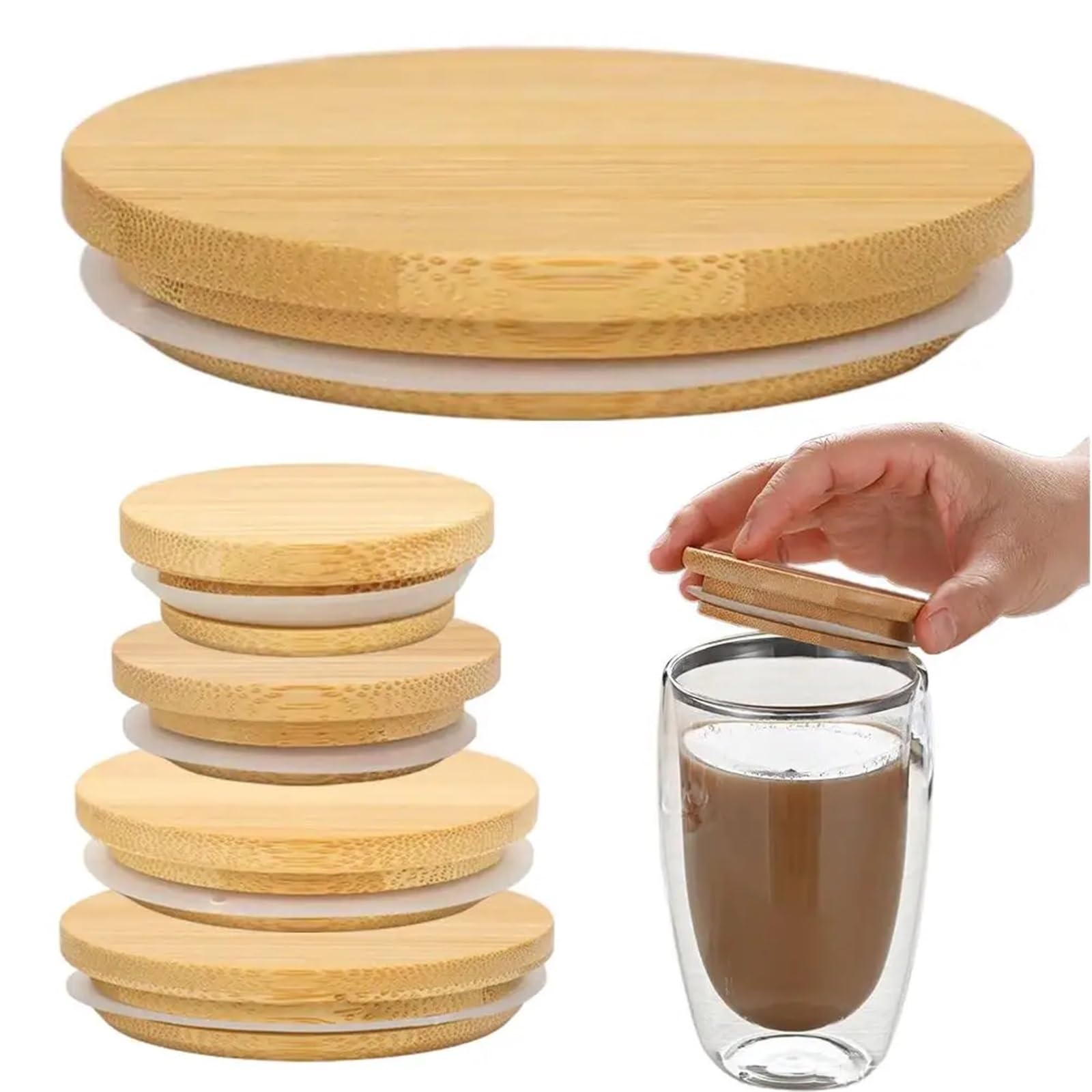 10 coperchi in bambù per barattoli di conserve da 52/62/72/80/90/100 mm, rotondi, in legno, per conserve, barattoli di conserve, tappo in silicone, copertura a bocca larga