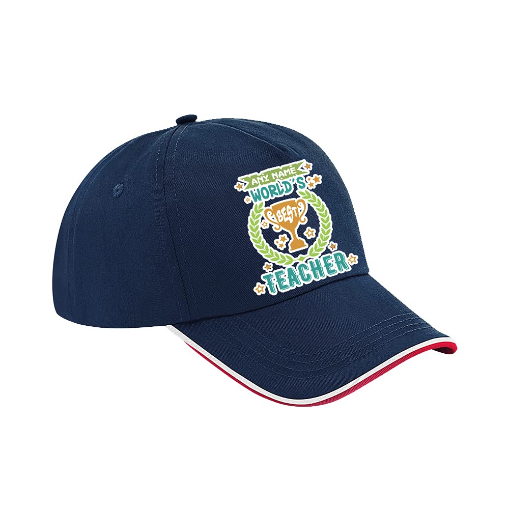 Getagift Personalised Any Name World’s Best Teacher, Thanks Giving, Appreciation, School Leaving, Retirement, Birthday Present, Authentic Piped 5 Panel Cap. (French Navy Classic Red White)