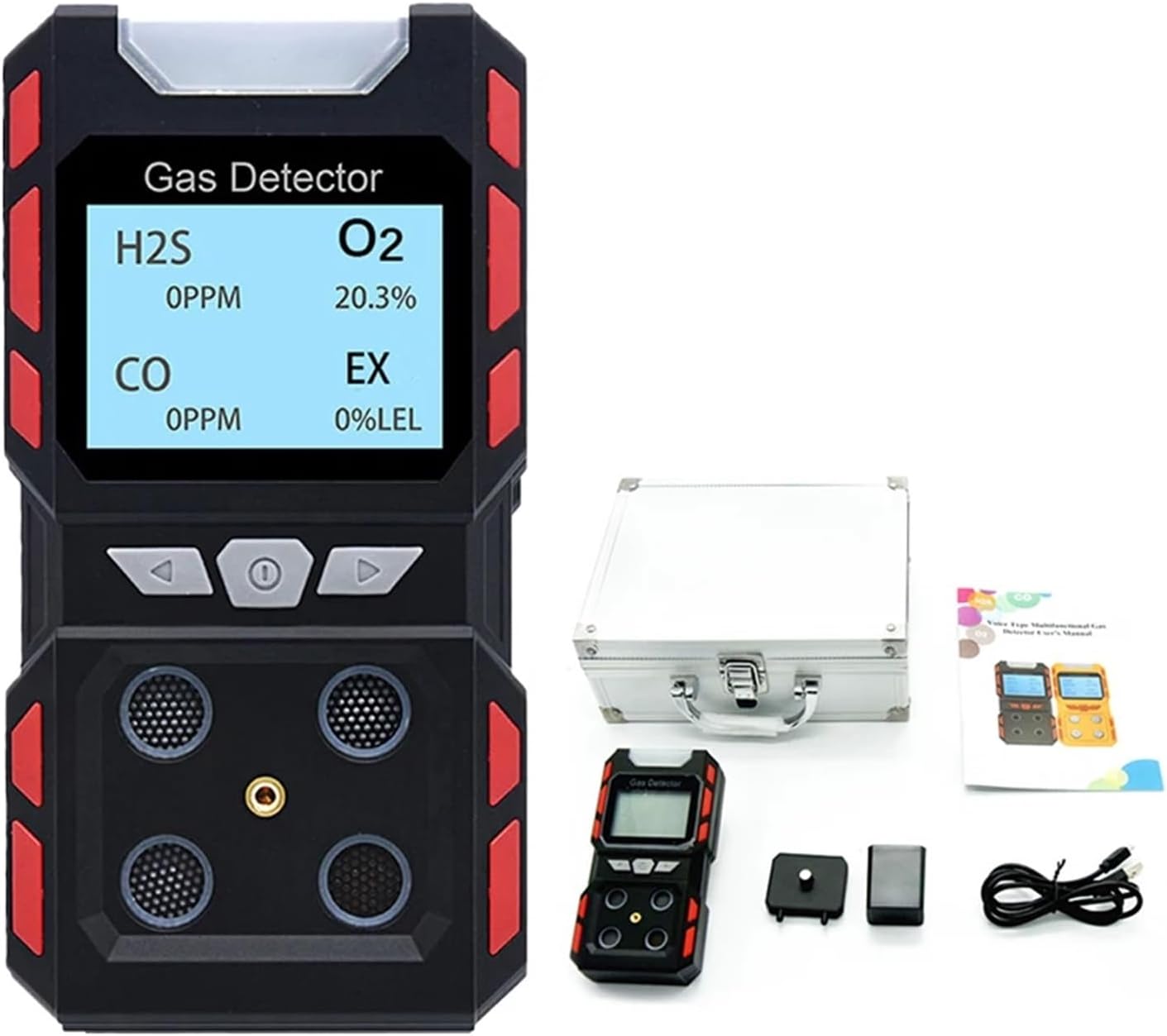 Gas Detectors, Portable Flammable Gas Detector CO H2S O2 CH4 EX 4 Gas Monitor Meter Tester Analyzer Rechargeable LCD Display Sound Light Shock