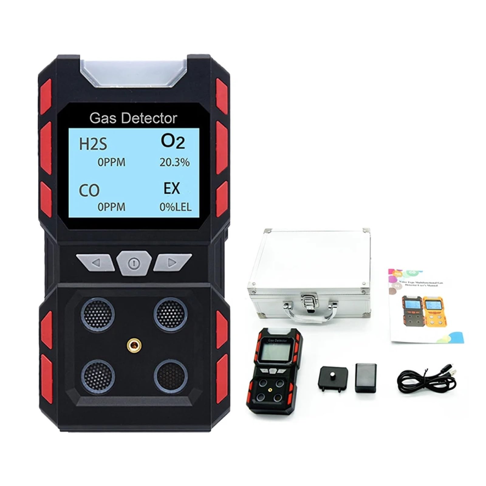Tragbarer Gasdetektor for brennbare Gase CO, H2S, O2, CH4, EX, 4, Gasmonitor, Messgerät, Tester, Analysator, wiederaufladbarer LCD-Bildschirm, Ton, Licht, Schock