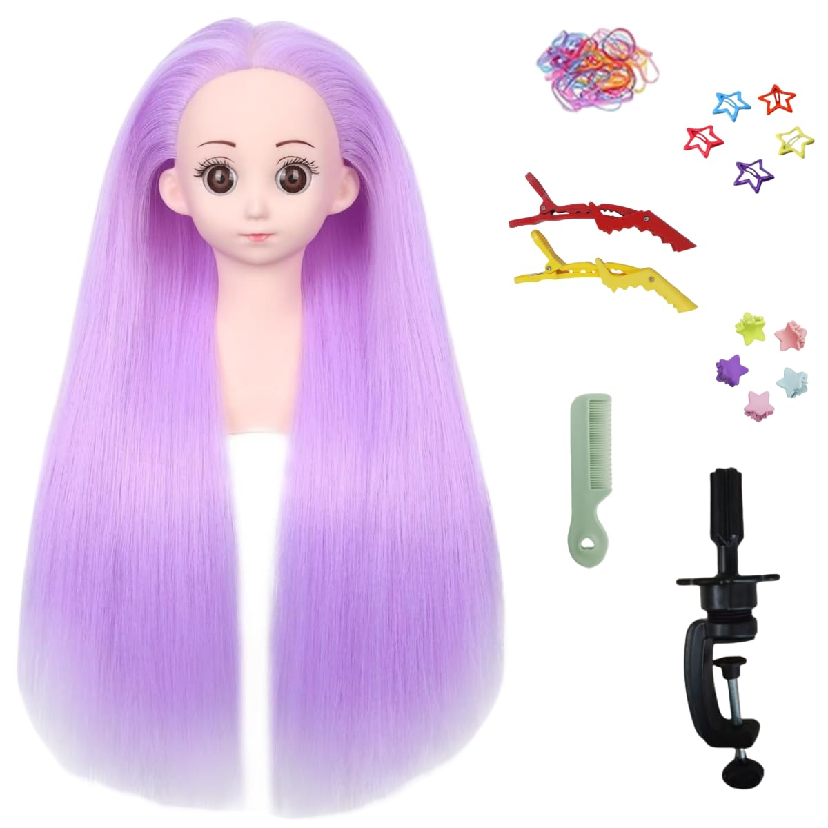 Tête de mannequin cheveux raides violets Yaki pour pratique du tressage fluide