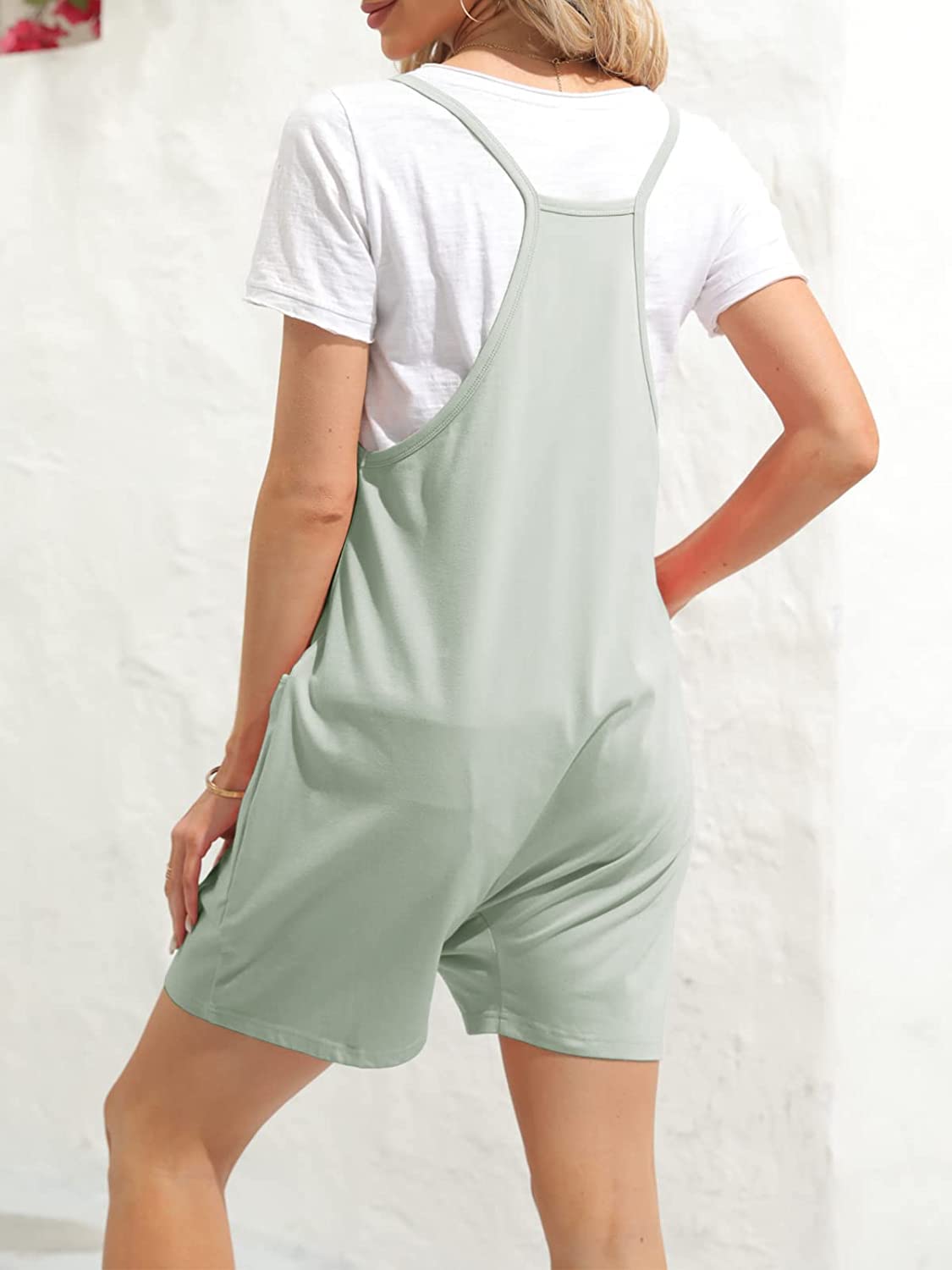 Ebifin Damen Latzhose Kurz Arbeitshose Sommer Lose Overall Jumpsuit Ärmelloser Latzhosen mit Große Taschen.
