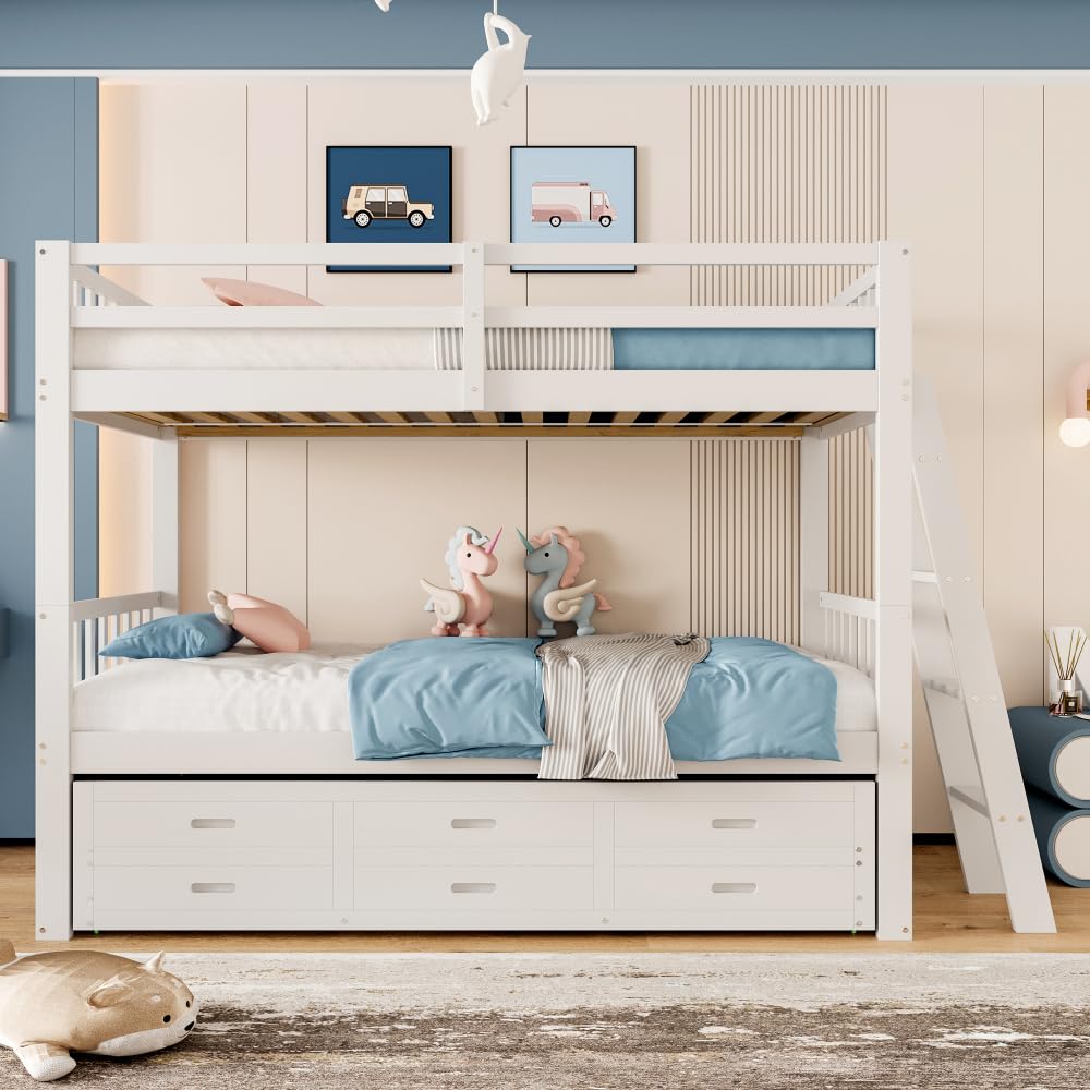 Litera infantil de 90x200cm con escalera, cama extraíble y 3 cajones, estructura de pino y MDF, barandilla alta, convertible en 2 camas individuales, colchón no incluido, Blanco