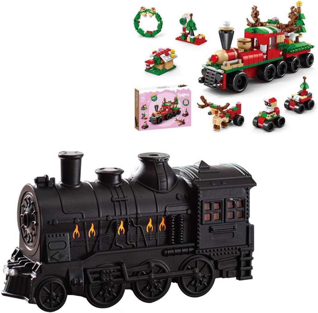 300ML Vintage Steam Train Aroma Essential Oil Diffuser RC Humidifier with 270PCS Christmas Train Building Blocks/2-Color LED Light/2 Mist Modes/Standard US Power Supply, Home Decor