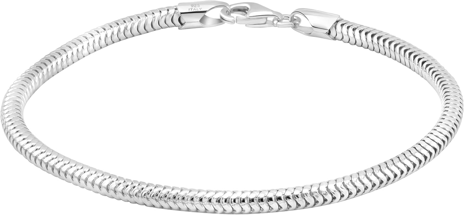 Oliver and Navy Sterling Silver Solid 3mm Snake Chain Bracelet for Women Men (7,8,9,10 Inches)