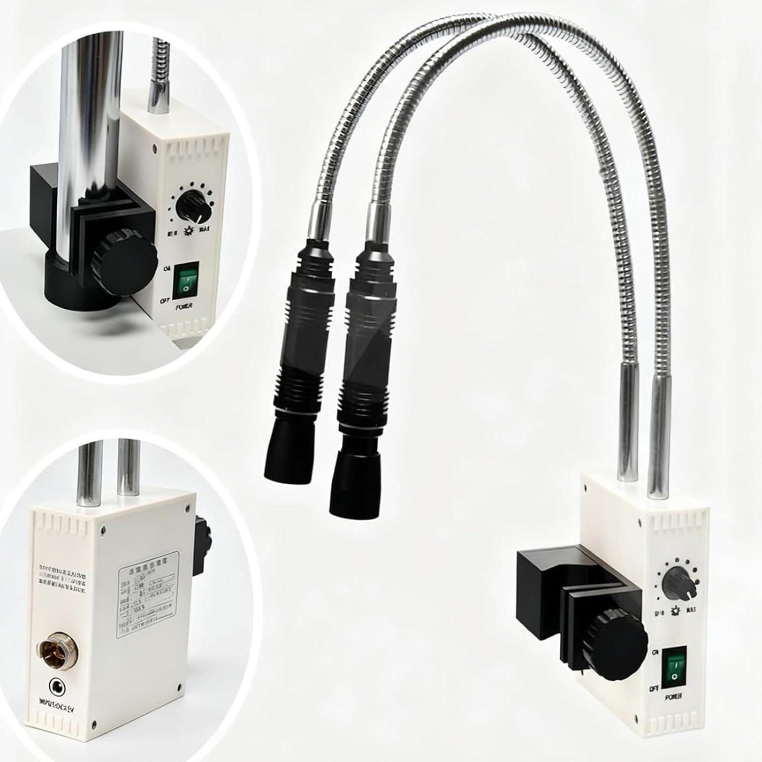 Iluminador LED de fibra óptica para microscopios estéreo, brillo y ángulo ajustables, diseño de cuello de cisne doble, temperatura de color de 6000 K, iluminación de dirección flexible