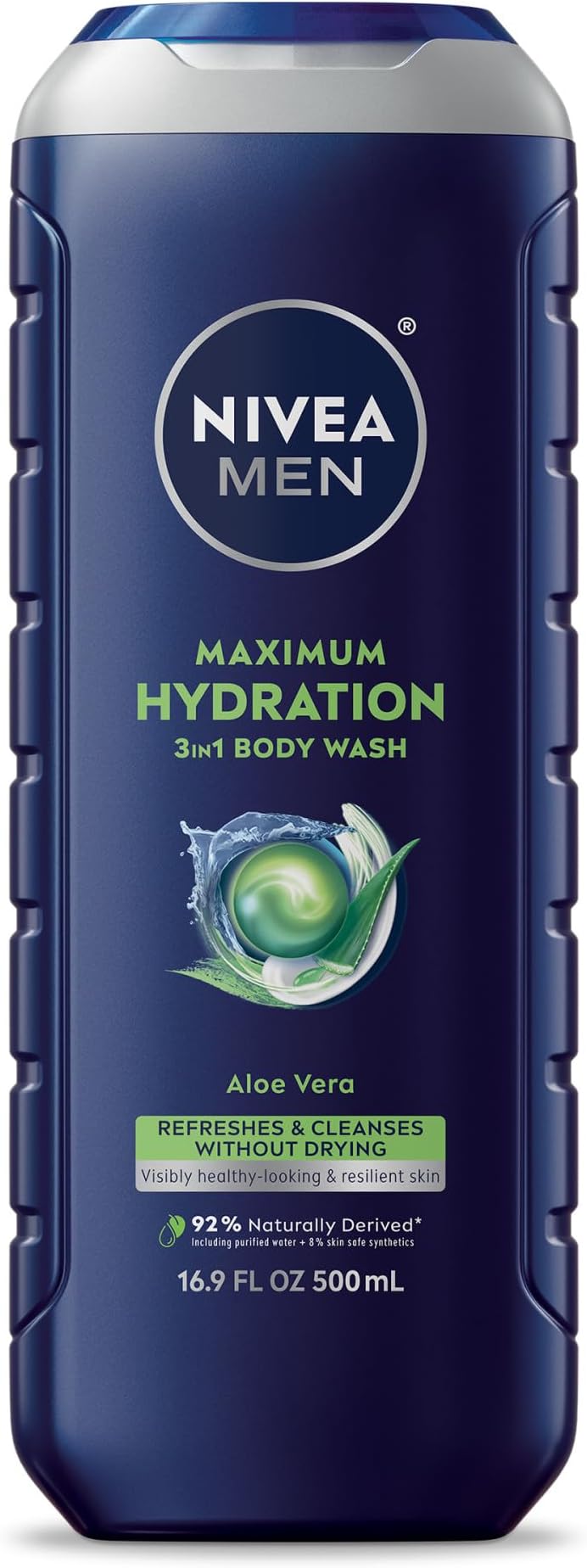 NIVEA MEN Maximum Hydration Body Wash for Dry Skin, Aloe Vera Enriched, 3-in-1 Moisturizing Body Wash, Face and Hair, Paraben Free, Vegan Formula, 16.9 Fl Oz Bottle