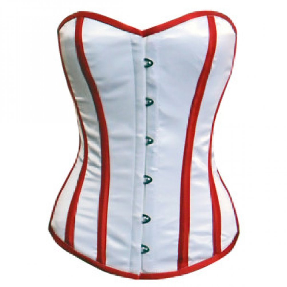 Women's White Satin Red Stripes Retro Burlesque Overbust Corset Waist Cincher