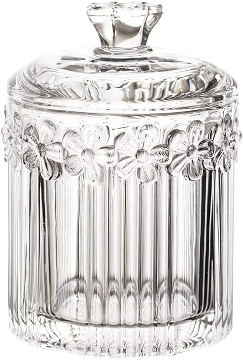 KYUEPONG Sugar Container, Crystal Glass Candy Dish Relief Flower Sugar Bowl Storage Jar with Lid