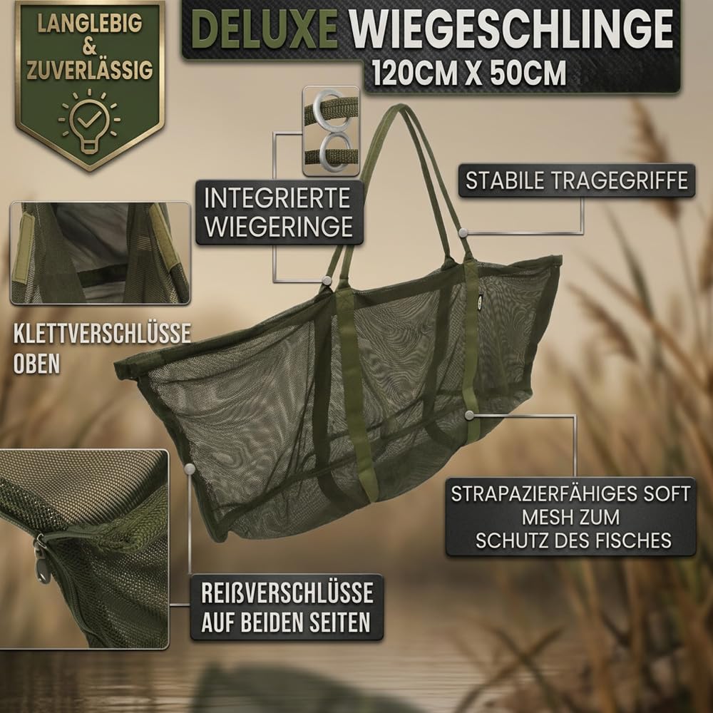G8DS Carp Sling System 120 × 50 cm – Karpfen Wiegeschlinge mit Glasfaserstäben, Reißverschlüssen & Transporthülle, fischschonend & stabil Karpfen Wiegesystem
