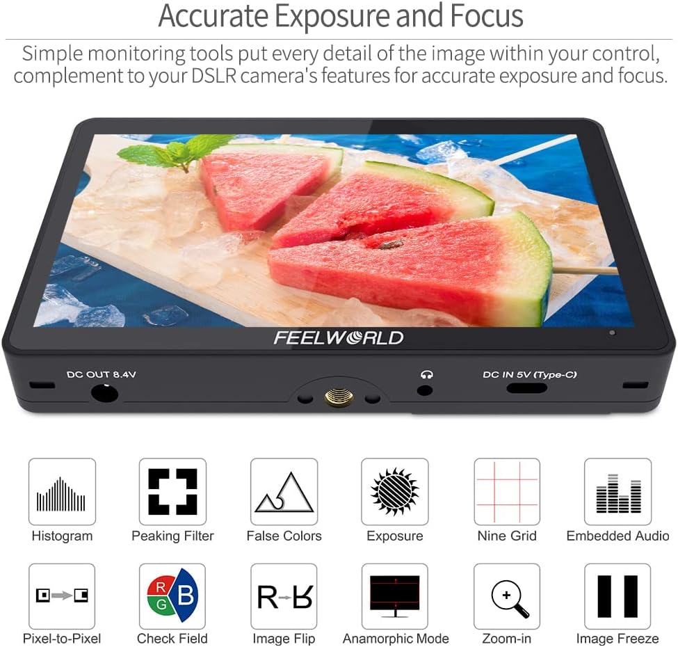 FEELWORLD F5 Pro V4 6 Inch Touch Screen DSLR Camera Field Monitor with 3D LUT F970 External Kit Install for Power Wireless Transmission IPS FHD1920x1080 4K HDMI Input Output 5V Type-c Input Tilt Arm