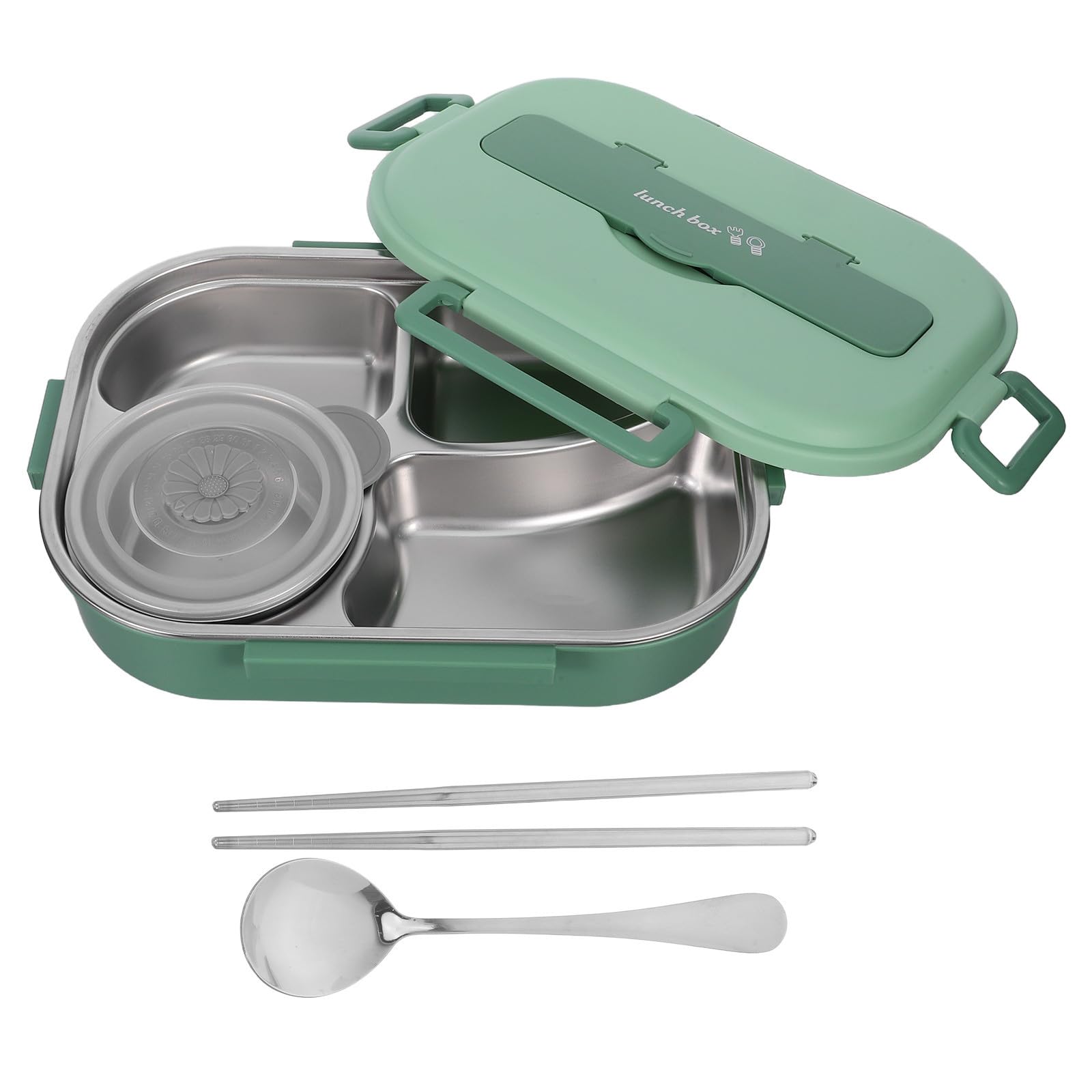 Lunch Box in Acciaio Inox con 4 Scomparti 1500ml Verde | Chiusura Robusta, Plastica e Acciaio Inox, per Lavoro e Uscite Lunghe, con Ciotola Zuppa e Posate