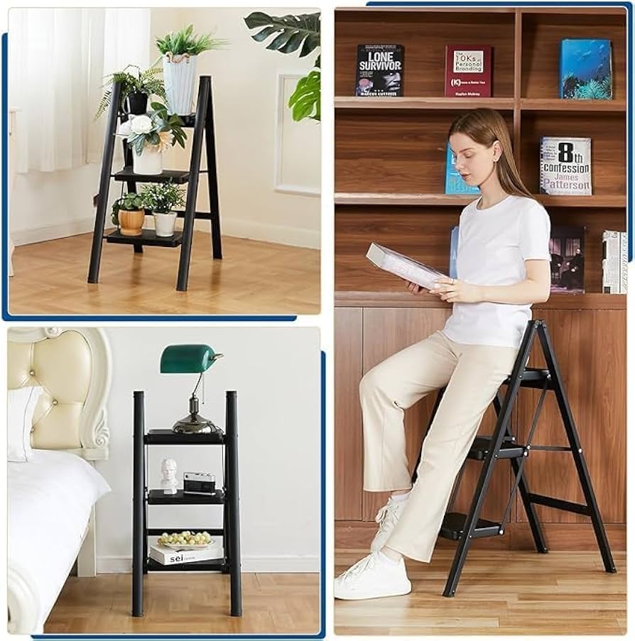GameGem 3 Step Ladder, Folding Step Stool With Anti-Slip Wide Pedal, Aluminum Material Lightweight Yet Sturdy, 150 KG Load, Cute Modern Apperance For Indoor Household Spaces, Cream Chocolate
