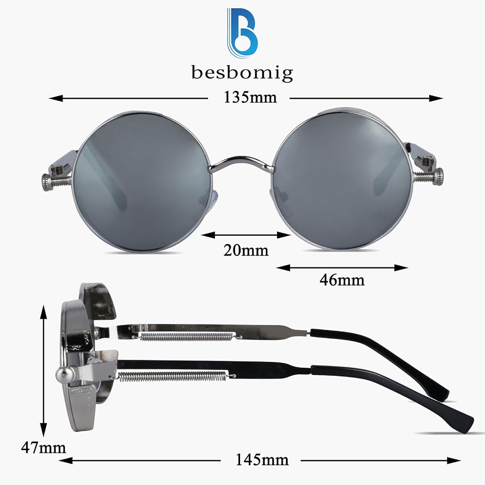 Besbomig Lunettes De Soleil Steampunk Rétro Ronde - Protection UV400 Polarisé Vintage Homme Femme