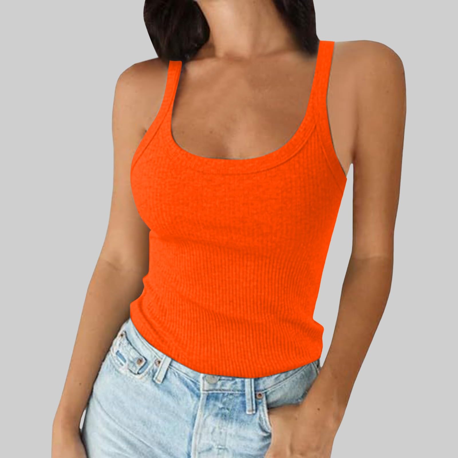 Débardeur côtelé à bretelles spaghetti et col rond pour femme - Coupe ajustée - En coton - Sans manches - Style sportif