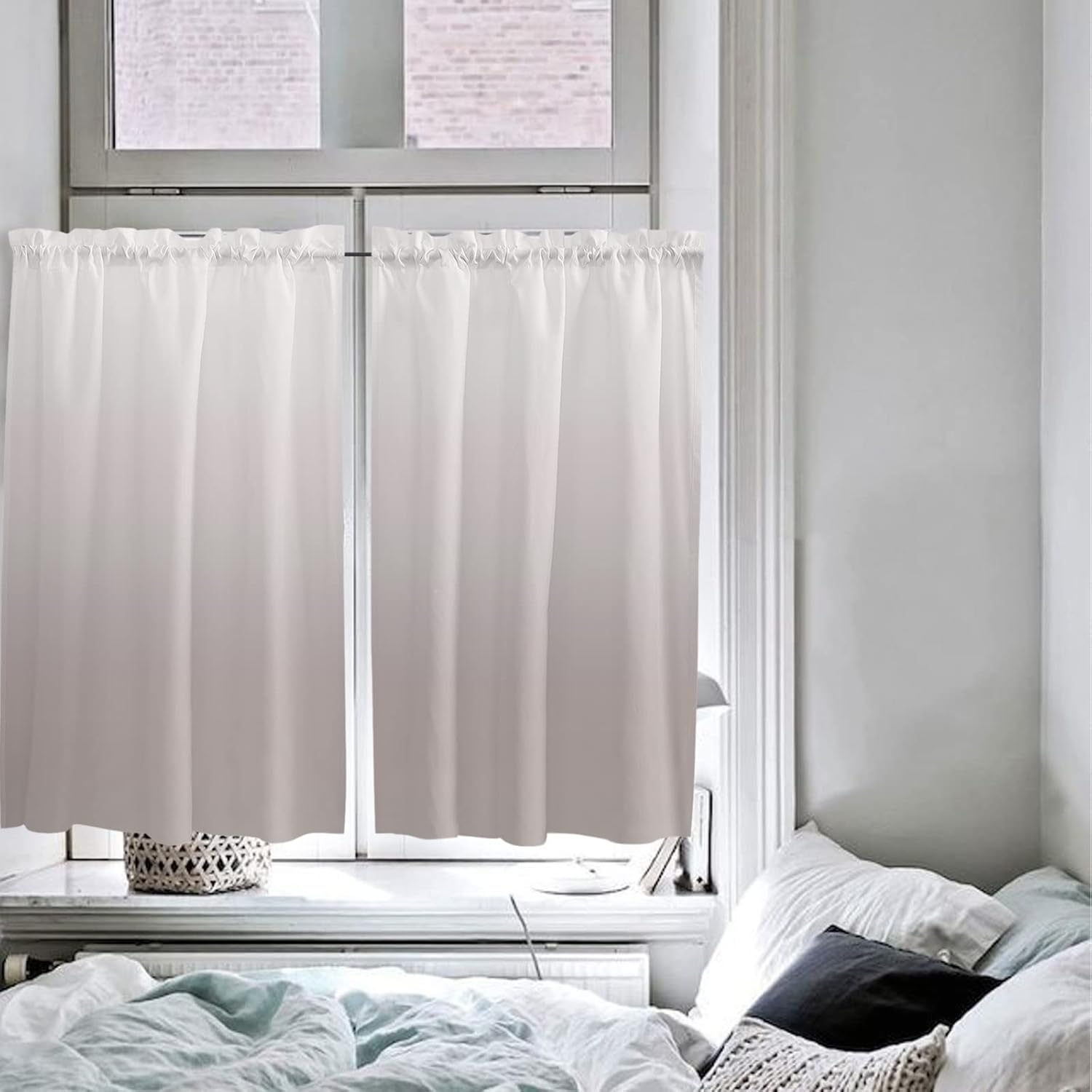 Kitchen Curtain 54 Inch Length, Gradient Brown Abstract Pure Art Small Short Kitchen Tiers Curtains Drape, 2 Panel Window Treatment Rod Pocket Drapery Panels Curtains