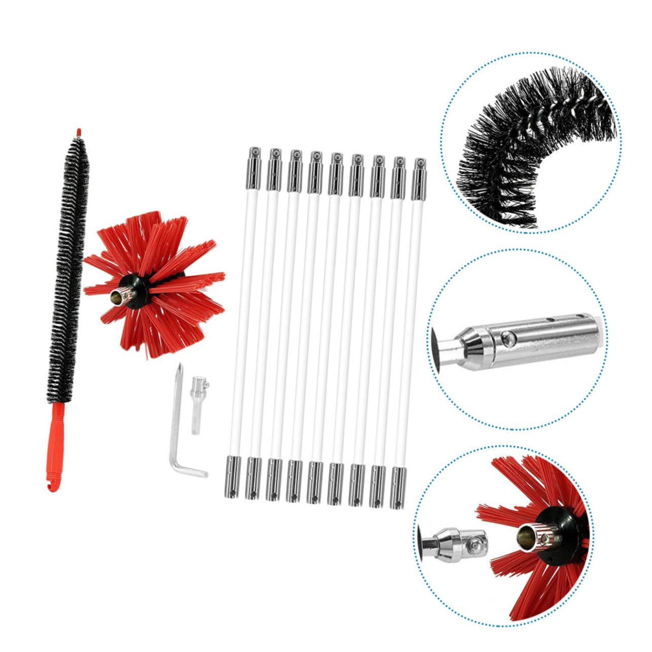 Spazzola per Stufa 9 Aste in Nailon Flessibili per Canne Fumarie | Kit Spazzacamino, Pulizia Tubi Pieghevoli, Non Graffia, per Canne Metalliche e Camini in Mattoni
