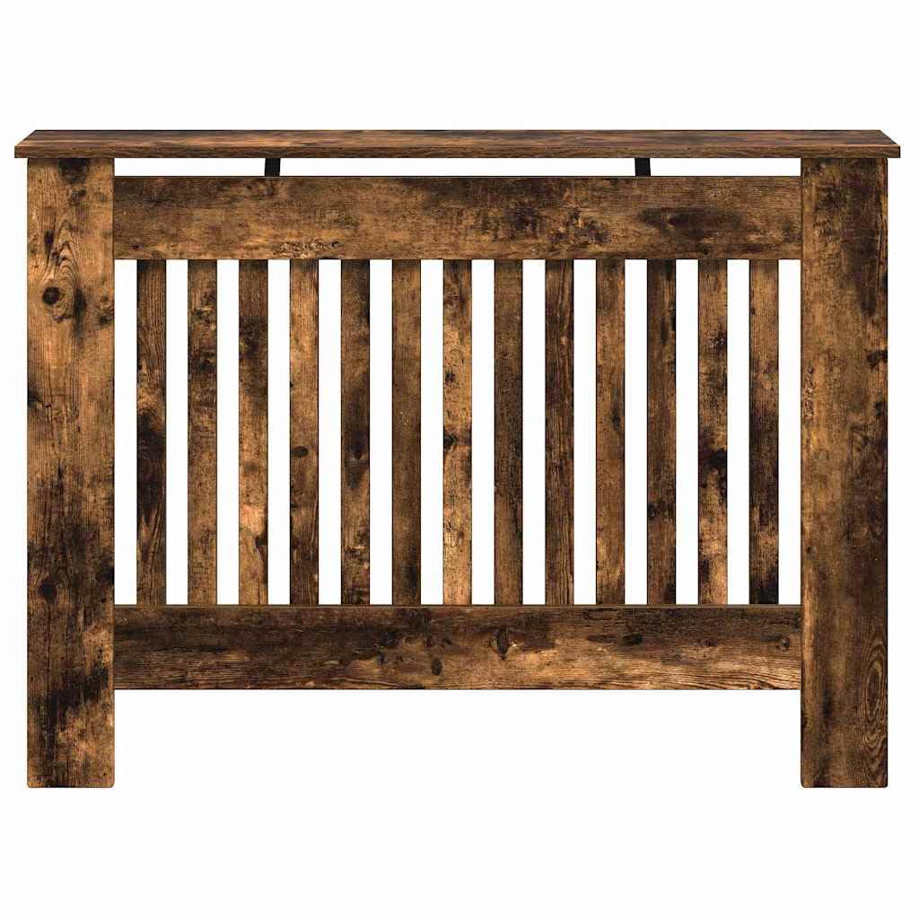 Osłona grzejnika, dąb wędzony z materiału drewnopochodnego, 112 x 19 x 81,5 cm, z półką, pionowa konstrukcja listew zapewnia efektywny przepływ ciepła, ochrona dla dzieci i zwierząt