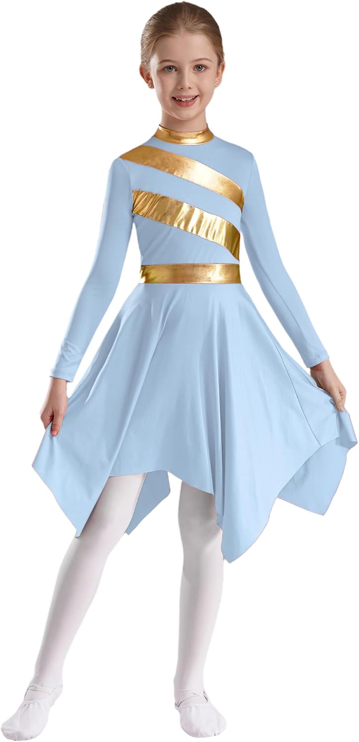 Agoky Liturgical Praise Dance Worship Swing Dress for Girls Metallic Gold Color Block Choir Robe Church Dancewear