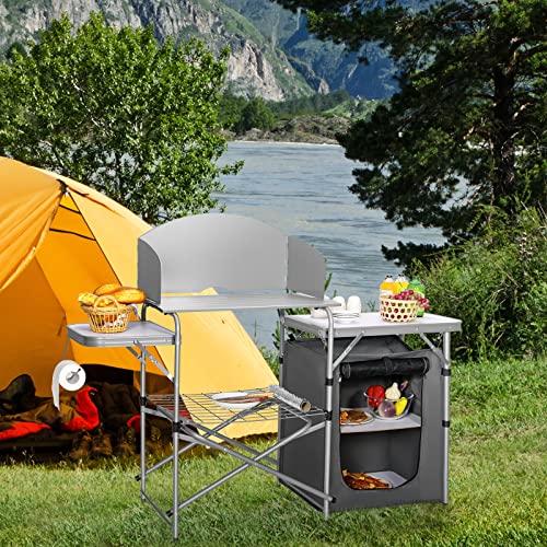 Giantex Mesa Plegable para Parrilla con Tablero de 26'' y Protector de Viento Desmontable, Estación de Cocina Portátil de Camping, Bolsa para Transporte, Montaje Rápido, Mesa para BBQ, Picnic, Camping y Exterior (Gris) miniatura 2