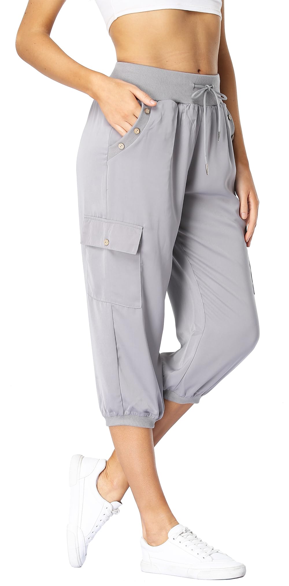 MISS MOLY Women's Cargo Capris Travel Pants Button Decor Summer Loose Harem Sweatpants Stylish Soft with Pockets