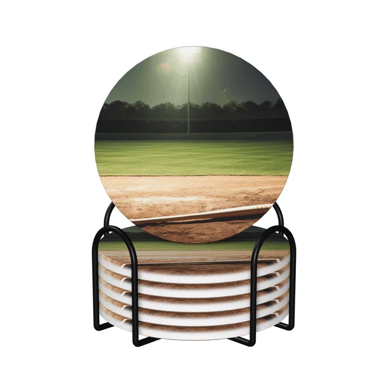 6Pcs Ceramics Coaster for Drinks, Baseball Sports Field Cup Coasters with Holder, Aesthetic Drink Coasters for Coffee Table, Absorbent Round Coaster for Tabletop Protection 4" Cup Mat Pad