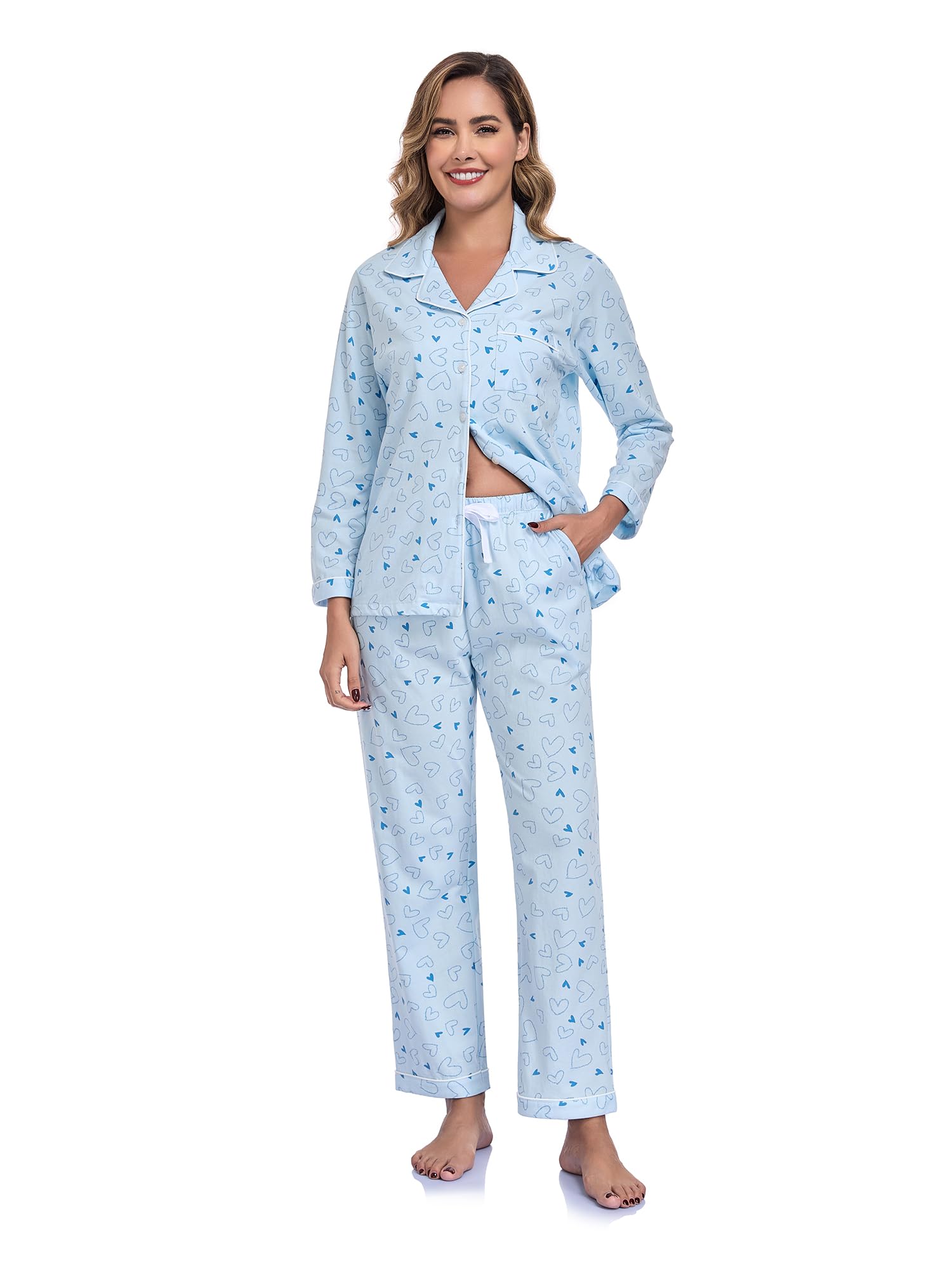 Damen Pyjama Set 100% Baumwolle Leopardenmuster Langarm Knöpfe Hose
