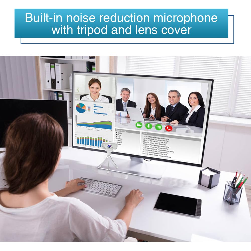 Webcam per PC, webcam HD 1080P con microfono, grandangolo a 110°, USB Plug & Play, cancellazione del rumore per videochiamate, streaming, giochi, otturatore per privacy integrato e treppiede