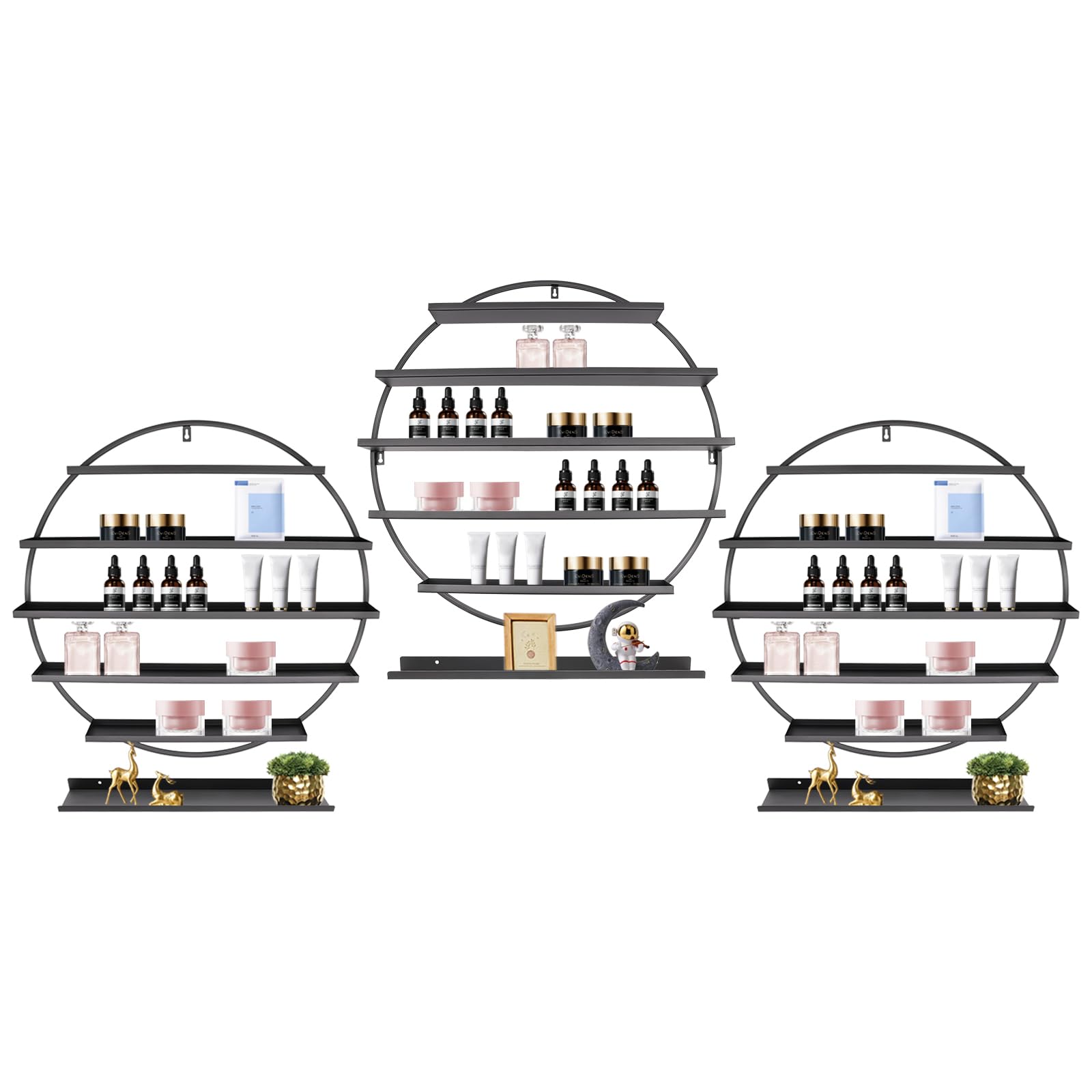Wandregal Nagellack, 5-Tier Rund Nagellack Aufbewahrung Nagellackhalter, 6 Stück Nagellackständer Regal Metall, Nagelsalon Display Ständer für Lippenstiften, ätherischen Ölen, bis 10kg (Schwarz)