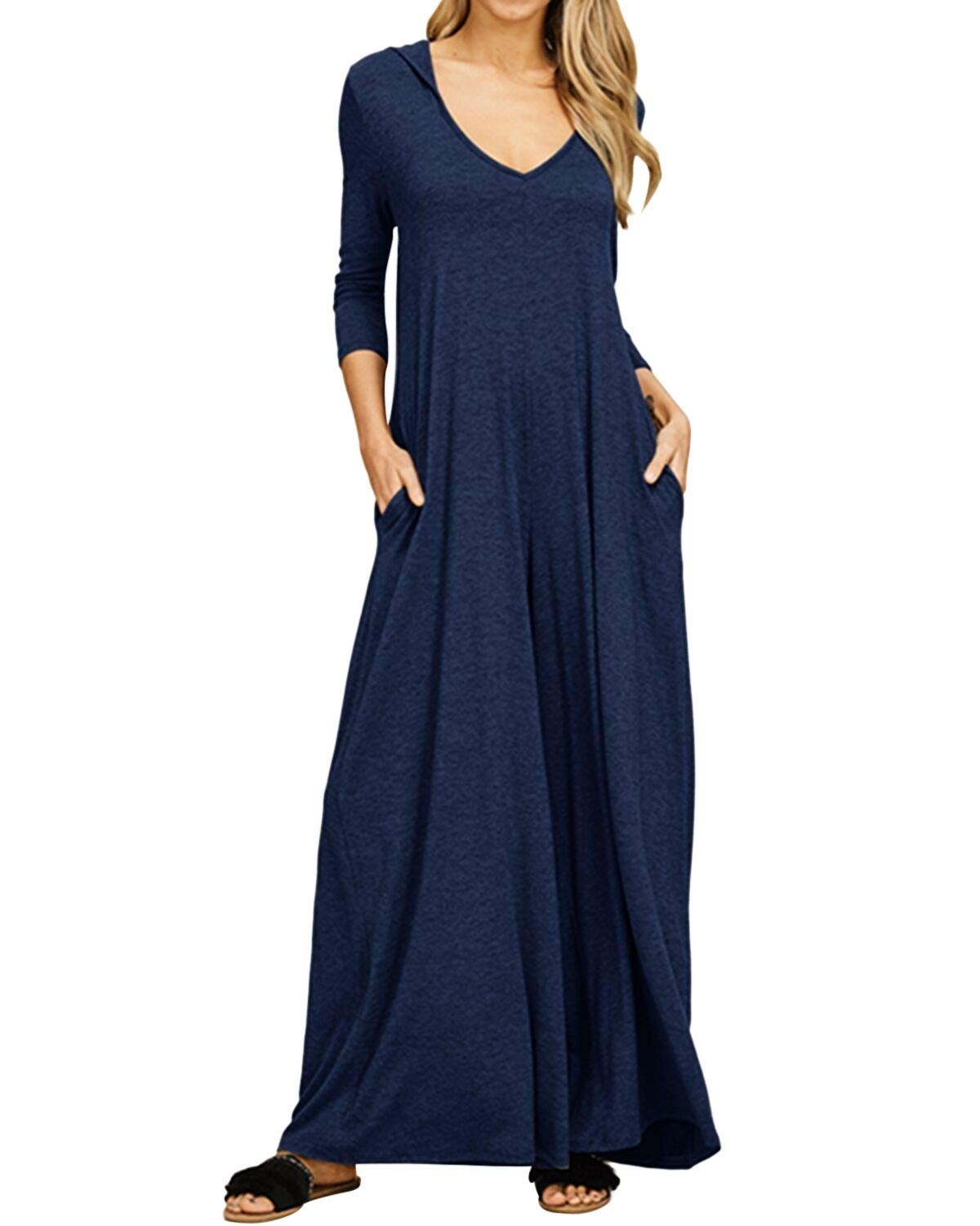 Jacansi Women's V-Neck Casual Long Sleeve/Short Sleeve Maxi Dress Hoodie Pocket Dress