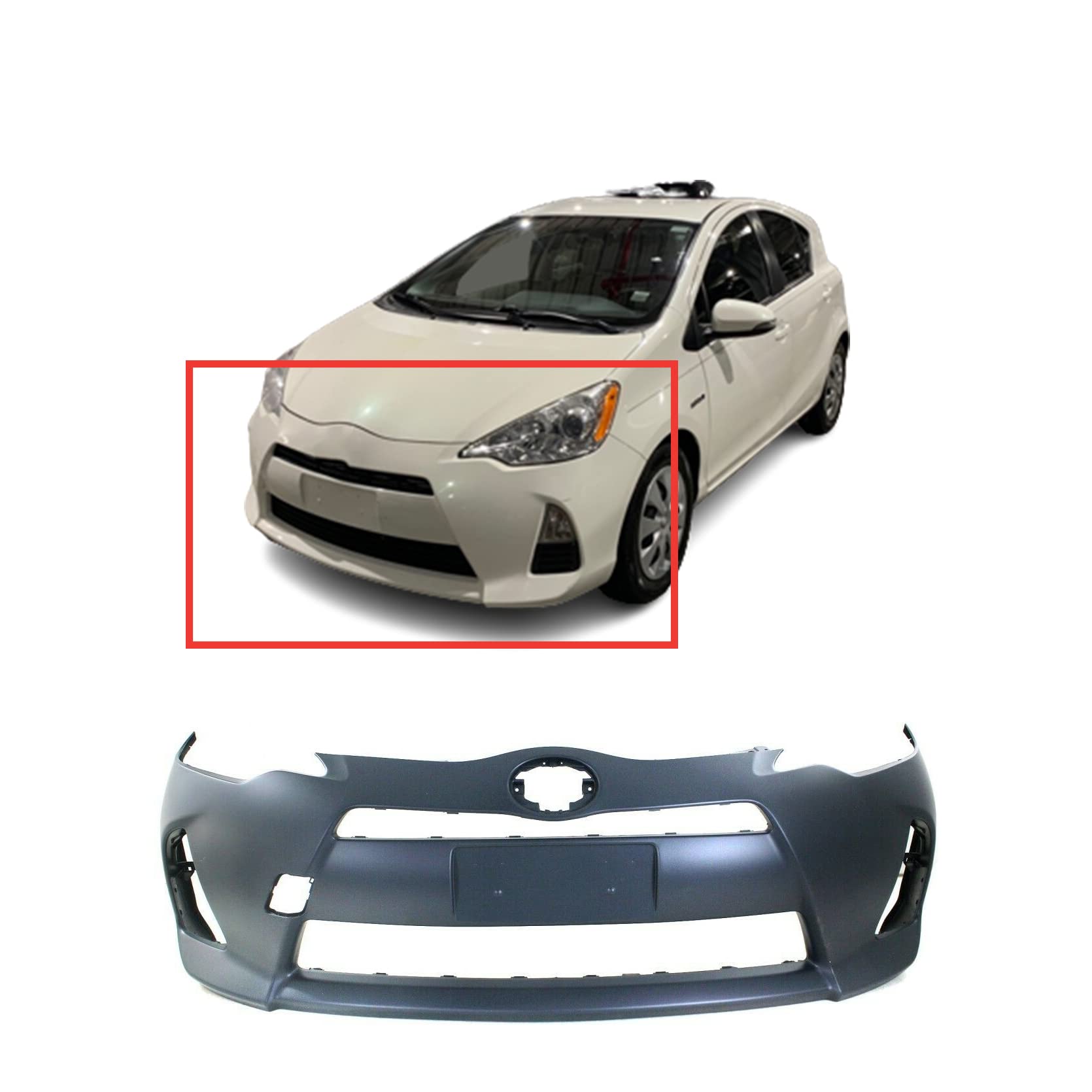 FitParts Compatible With Front Bumper Cover 2012 2013 2014 Toyota Prius C One Two Three Four Hatchback 12 13 14. New, Primed and Ready for Paint. W/Fog Light Holes. W/o Parking Aid.