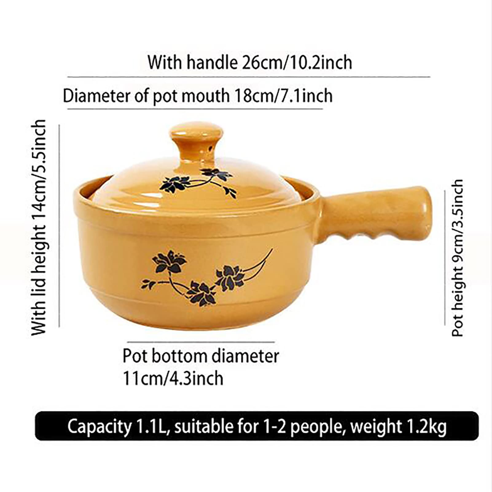 Olla para Cocinar Cazuela De Cerámica Cazuela De Cocina Apta para El Horno, Olla De Piedra De Barro Natural, Artesanía Tradicional, con Asa, 1.8L (Binaural 1.1L)
