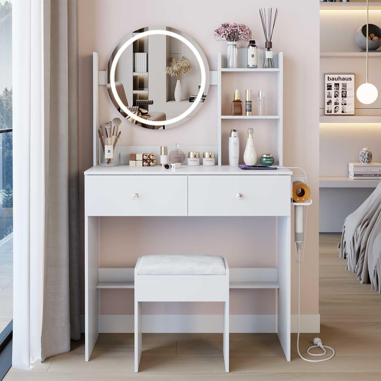 Vanity Desk with Round Mirror and LED Lights, Black Makeup Power Outlet, 3 Lighting Modes & Adjustable Brightness, Small Dressing Table Set for Women Girls Bedroom, 31.5in,Black (W