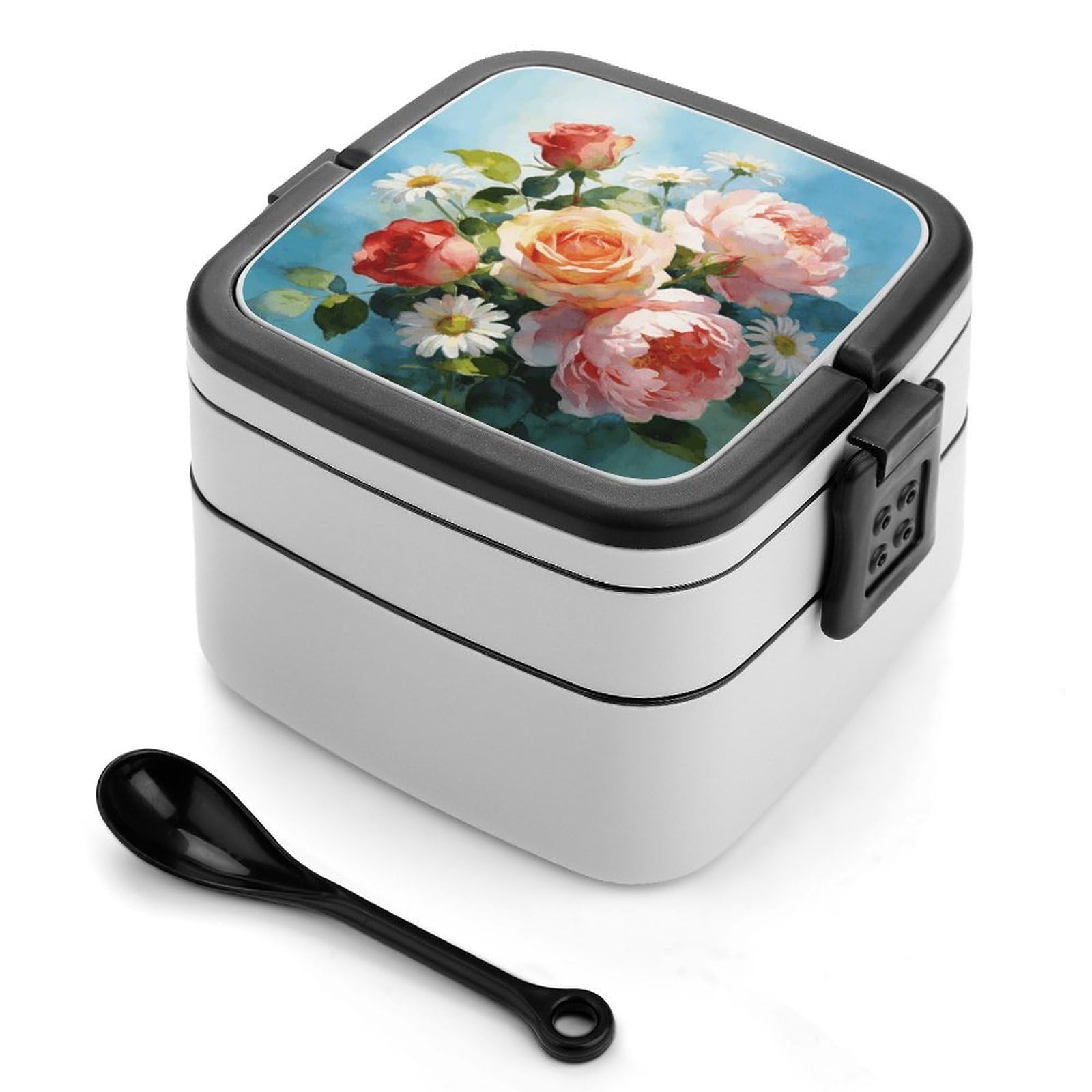 LZQPOEAS Gently Blooming Bento Box with Handle Spoon Portable Leak-Proof Lunch Box 1000 ML Large Insulated Adult Lunch Boxes 2-Layer Stackable Lunch Container for Work Gym Outdoor