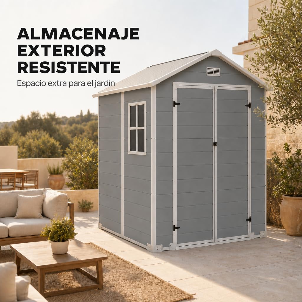 Caseta de Jardín de Resina – Cobertizo Exterior de Polipropileno Resistente a la Intemperie, con Cierre de Seguridad, Montaje Fácil y Gran Capacidad para Herramientas (185×152×220 cm(2,81 m²))