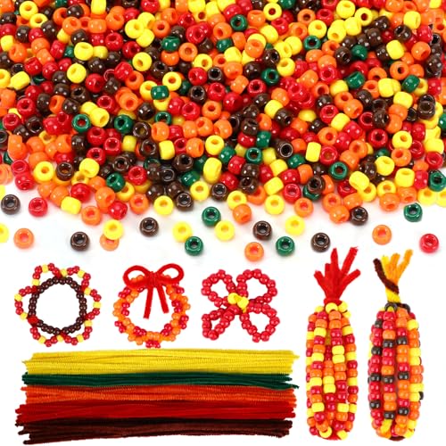 UPINS 1500Pcs Fall Colored Pony Beads with 150Pcs Pipe Cleaner