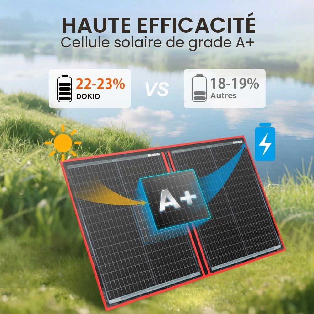 DOKIO Panneau Solaire 100W 12V PLIABLE MONOcristallin AVEC INVERSEUR Solaire 2 ports USB Pour Plein air