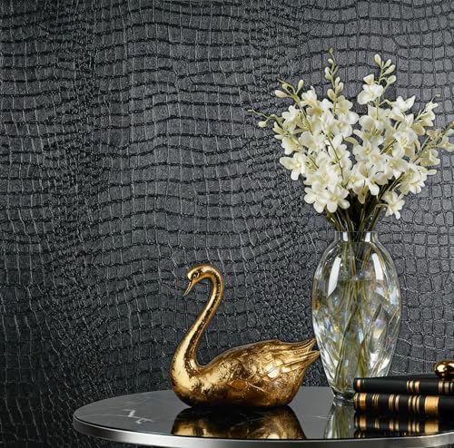 Safiyya Black Peel and Stick Wallpaper 15.75 X 118 Crocodile Wallpaper Textured Contact Paper for Cabinets Removable Modern Renter Friendly Wall Paper for Bedroom Bathroom