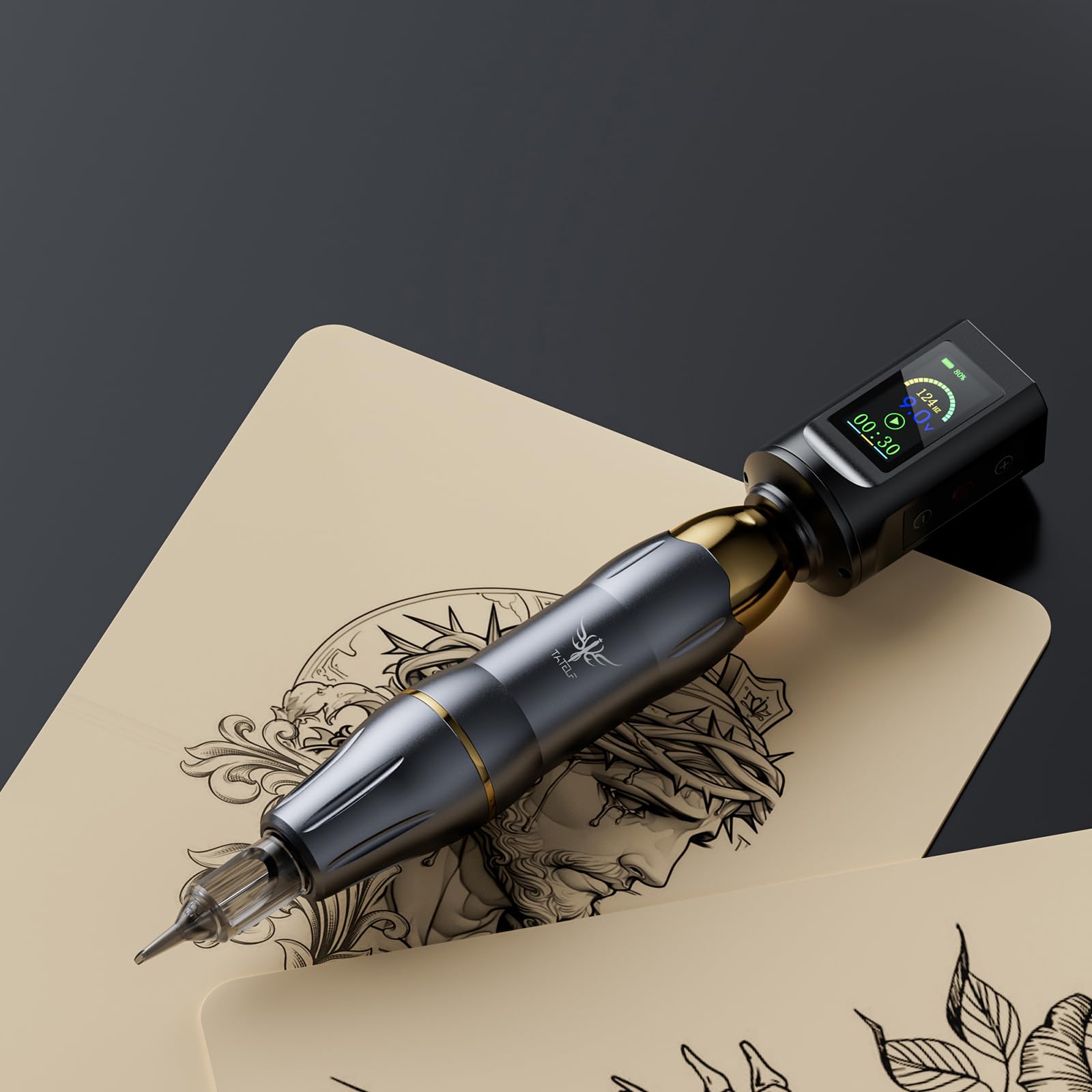 TATELF Juego completo de máquina de bolígrafo inalámbrico giratorio con batería RCA de 1900 mAh, 20 cartuchos de agujas, 10 unidades, accesorios completos para principiantes artistas
