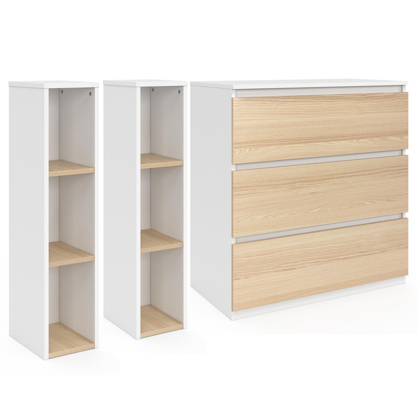IDMarket - Cassettiera AMBRE, finitura faggio e bianco 3 cassetti, fasciatoio e 2 ripiani estraibili