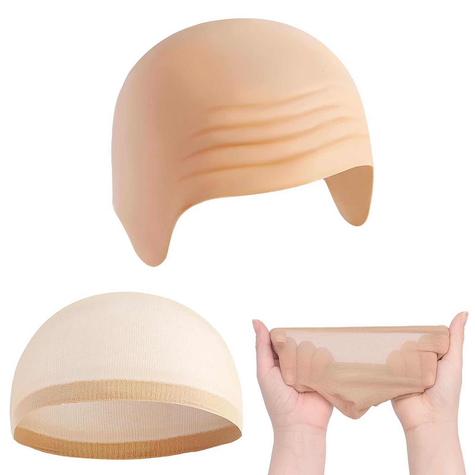 3-Piece Bald Cap Set, Bald Cap and Bald Head for Pitbull Costume, Theatre Spectacle and Halloween Fancy Dress, Realistic Latex Headpiece with 2 Hair Nets, Size 28 x 18 cm