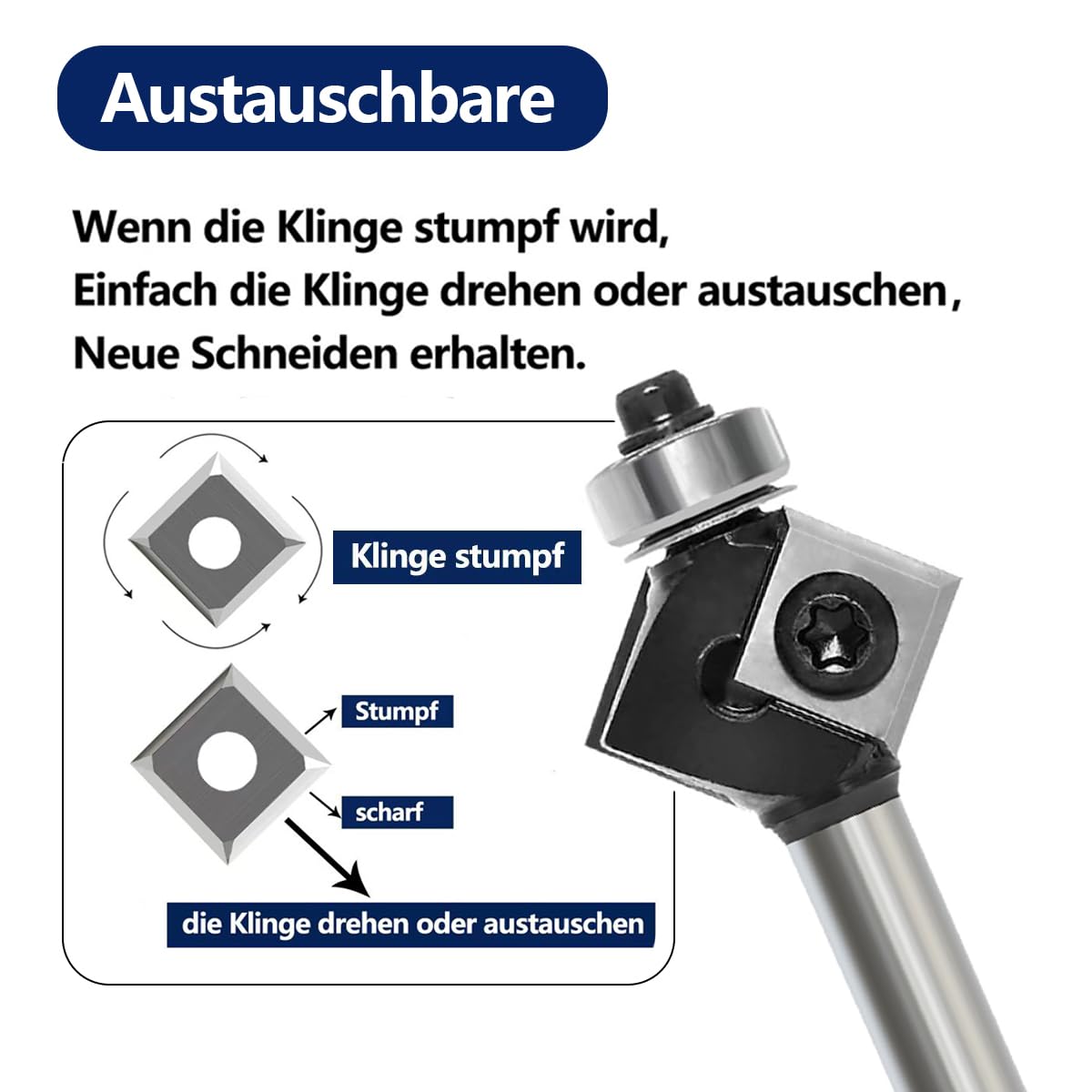 45 Grad FräSer Fasefräser 8mm Schaft, mit 4 Stück Wendeplatten, Bevel Einfassung Austauschbare-Klinge Oberfräse Fräser, für Schneiden einer 45-Grad-Fase an der Holzkante