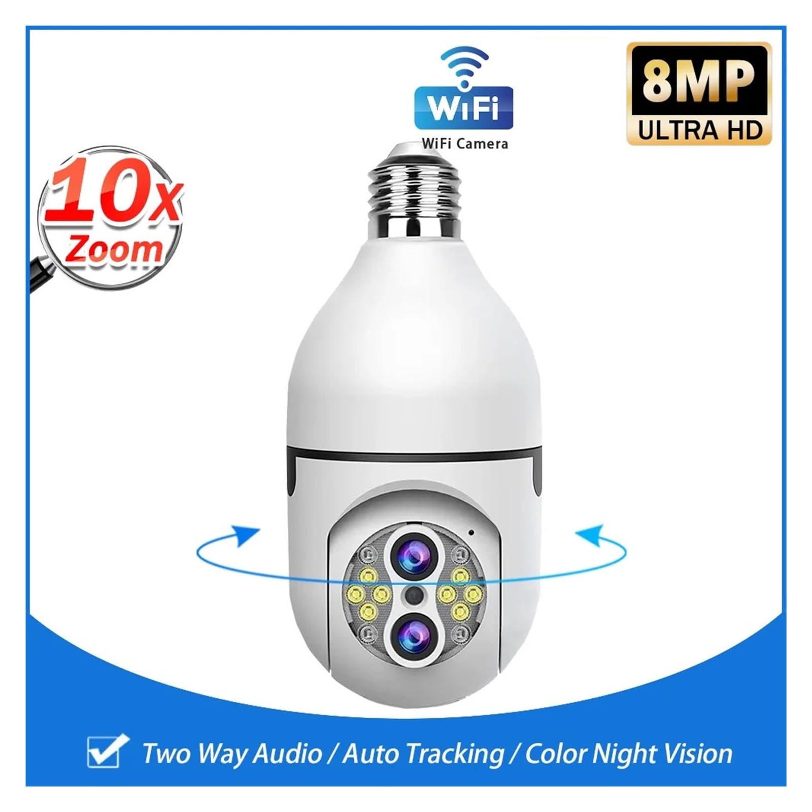 Cámara con Bombilla E27, Zoom 10X, 4K, 8MP, Seguimiento automático, videovigilancia Interior, protección de Seguridad for el hogar, Reflector, cámara WiFi(8MP Add 128G Card)