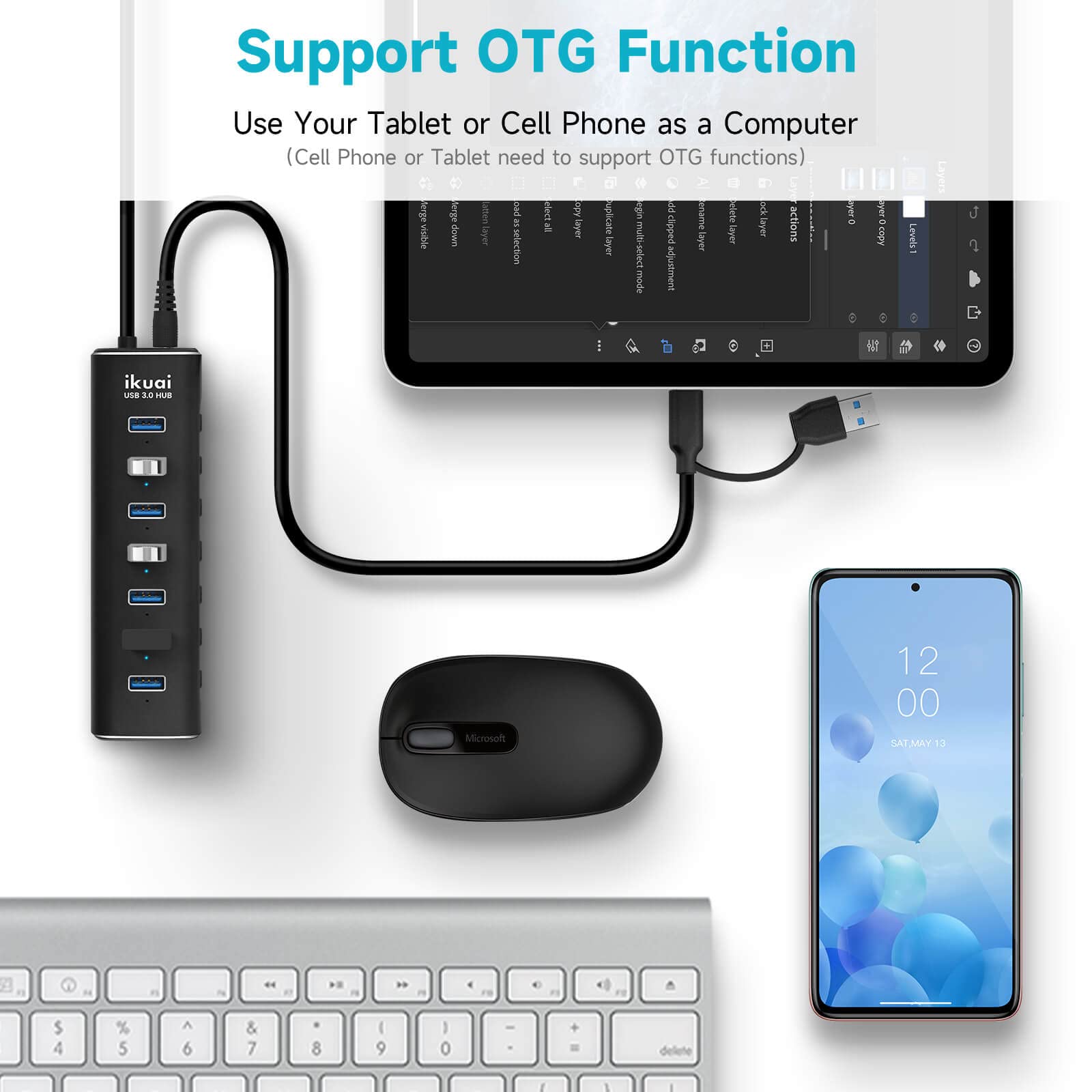 Hub USB 3.0/USB C, divisor de aluminio de 7 puertos con adaptador de CA, interruptores individuales de encendido/apagado LED y cable largo extendido de 3.3 pies para laptop, Mac, PC, unidad