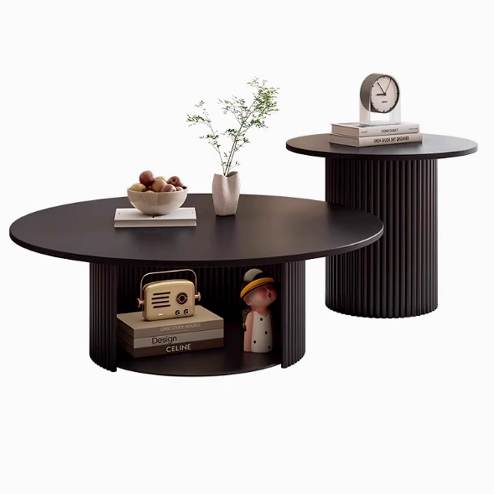 Table basse gigogne ronde noire 70cm avec rangement pratique