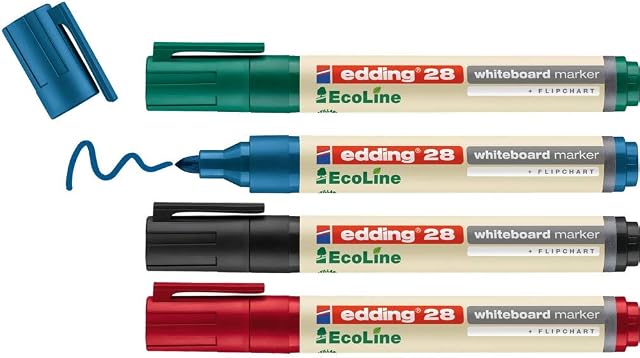 edding 28 EcoLine whiteboard marker - black, red, blue, green - set of 4 whiteboard pens - round nib 1.5-3 mm - whiteboard pen dry wipe - for whiteboards, flipcharts, memo boards - sketchnotes