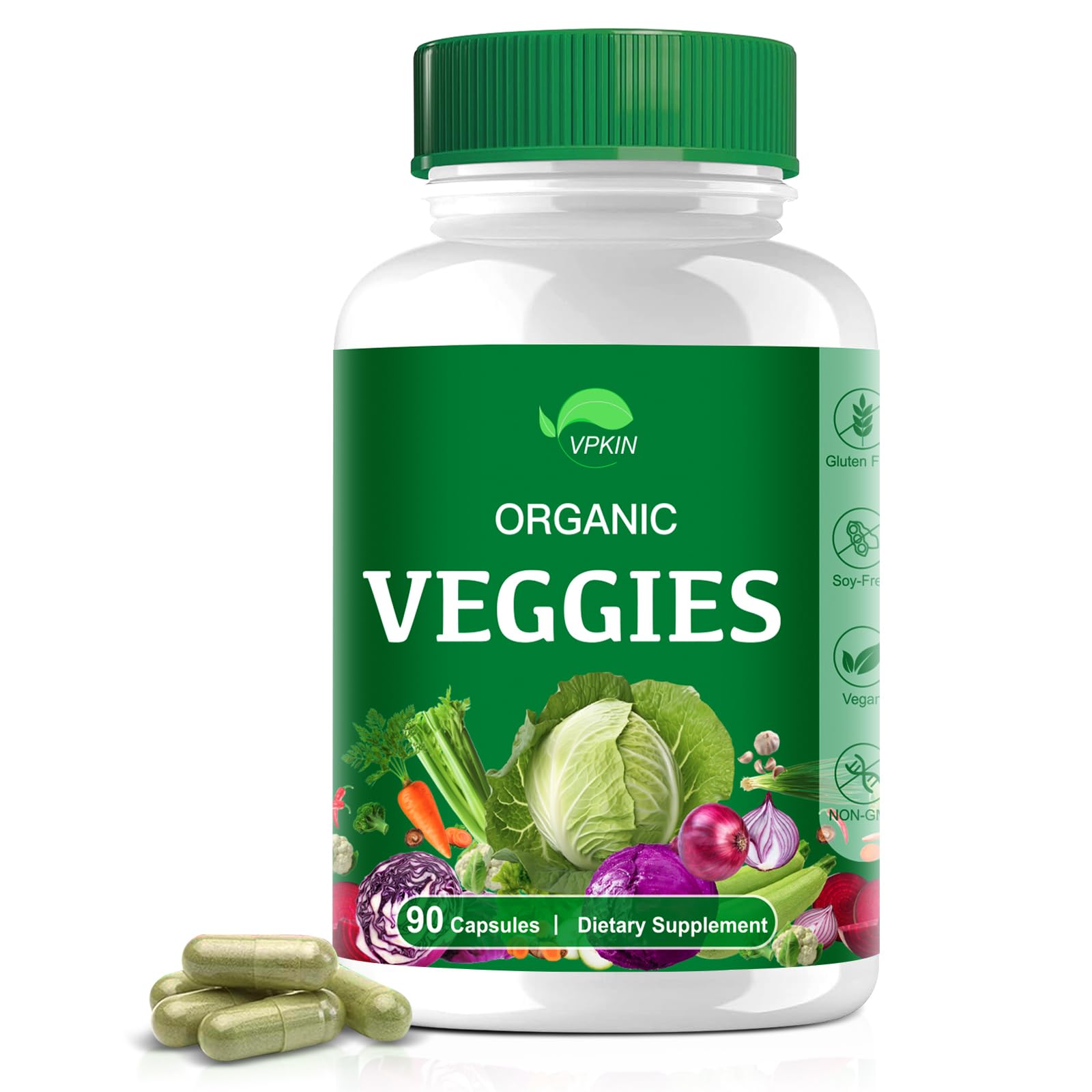 Organic Vegetable Supplement,Superfood Vitamin Capsules Made with Whole Food and Vegetables for Energy Boost,Improve Skin,Vegan,Non-GMO,Gluten-Free(90 Capsules)