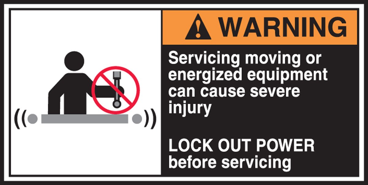 Accuform LECN368 CEMA Safety Label, Legend "WARNING Servicing moving or energized equipment can cause severe injury LOCK OUT POWER before servicing" with Graphic, 2.5" Length x 5" Width x 0.004" Thickness, Adhesive Vinyl, Orange/Black on White (Pack of 5)
